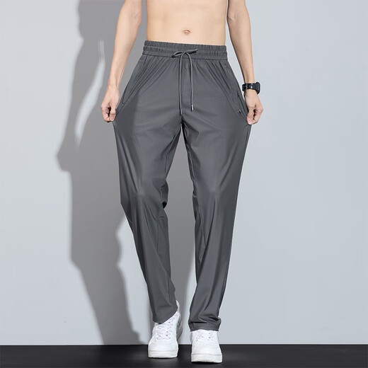皮尔卡丹（pierre cardin）男士夏季薄款裤子冰丝运动裤男新款宽松弹力直筒长男生速干休闲裤 6629深灰色 L [推荐110-125斤]