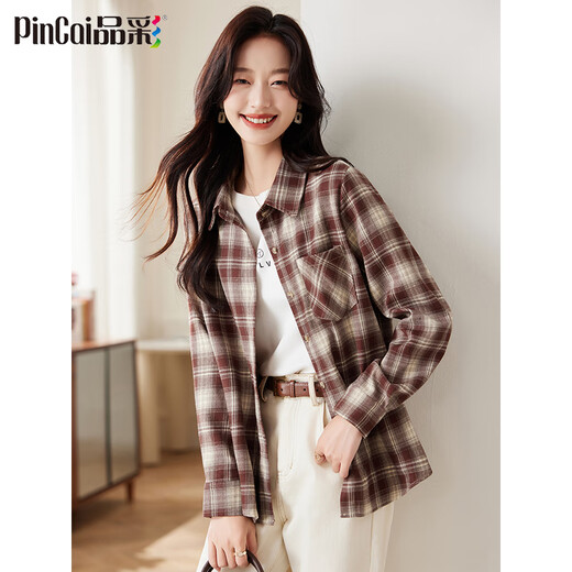 PinCai Plaid Long Sleeve Shirt Women's Spring and Autumn Style Loose Jacket Retro All-match Shirt P143C2009