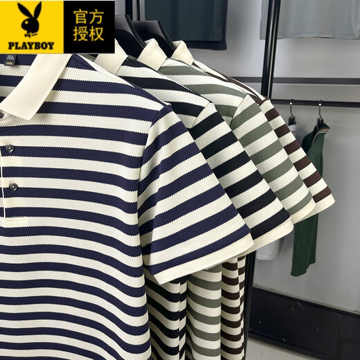 花花公子（PLAYBOY）夏季纯棉短袖t恤男士翻领上衣中年爸爸装休闲半袖polo条纹顺滑 9906-绿色 M 165建议90-120斤