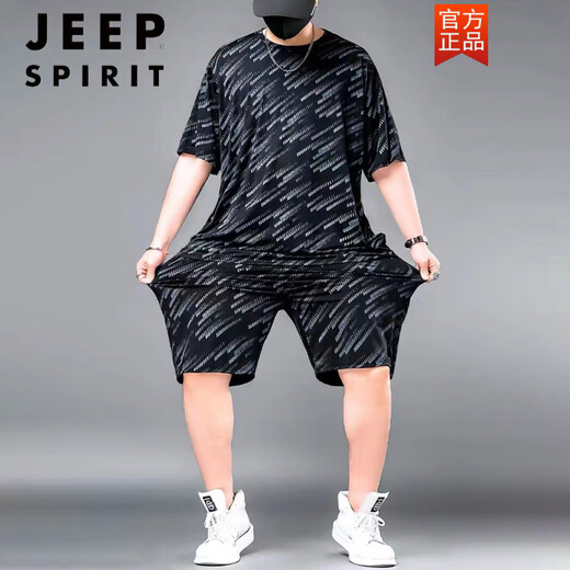 JEEP SPIRIT men's sports suit summer plus size fat men's T-shirt plus fat enlarged short-sleeved shorts casual two-piece set trend black 829 set 2XL