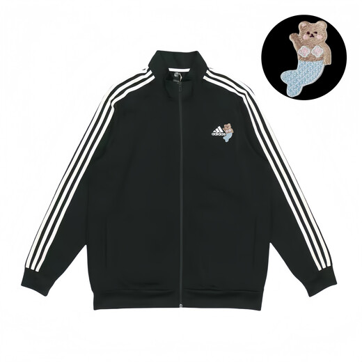 
Adidas Custom Clothing Embroidered Bear Mermaid Striped Sports Stand Collar Bomber Jacket Jacket Men and Women Black S