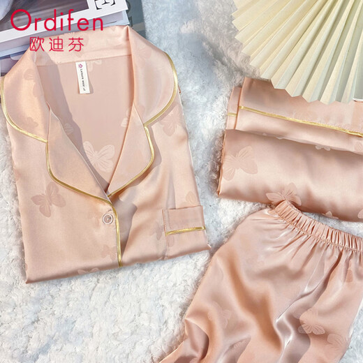 
Ordifen [Three-piece Set] Ice Silk Pajamas for Women in Summer Imitation Silk Short Sleeve Shorts High-end Home Clothing Set L