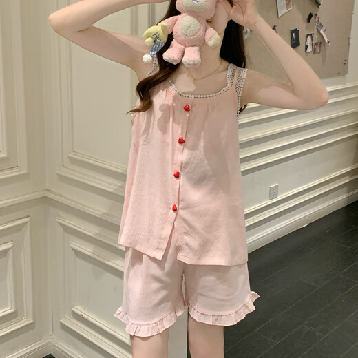 梦鸾吊带背心睡衣女夏季带胸垫2025新款蕾丝花边公主风甜美家居服套装 9226FE 爱心纽扣 粉色 2XL