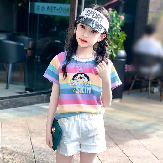 哈罗小黄鸭童装女童短袖t恤女夏装新款棉中大童条纹宽松半袖彩虹条ins 彩虹683 150 【60-75斤左右】