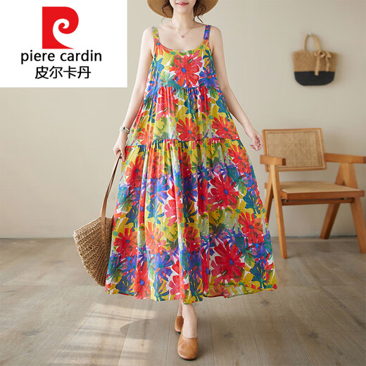 皮尔卡丹（pierre cardin）针织2025潮流夏季波西米亚小碎花拼接吊带连衣裙女宽松显瘦大摆蛋 1105 均码 大