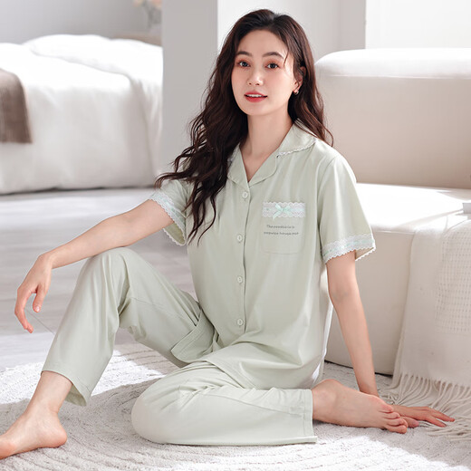 Levier pajamas with chest pad for women for summer cotton short sleeves 2025 new women's summer thin princess style sweet home clothes 695 tender green (with chest pad/cropped pants) M [Suggested 80-100Jin [Jin equals 0.5 kg]]