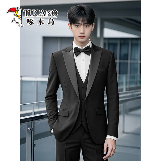 Woodpecker Tuxedo Evening Dress Wedding Groom Slim Suit Suit Wedding High-Level Host Men's Formal Wear Peaked Collar - Black Two-piece Set XL 120-139Jin Jin is equal to 0.5 kg