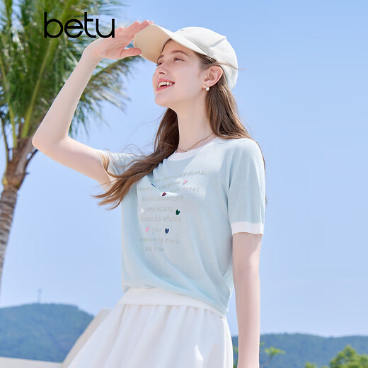 百图betu女装2025夏季新款毛针织衫撞色领字母印花短袖上衣女2505X26 浅兰 L