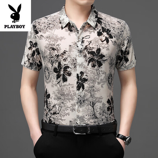 Playboy (Playboy) Nouvelle glace de glace à manches à manches courtes à manches à manches à manches courtes avec une chemise d'âge moyen de mûre en soie mûre 9898 Black XL (175) [140-160jin [Jin est égal à 0,5 kg]]]