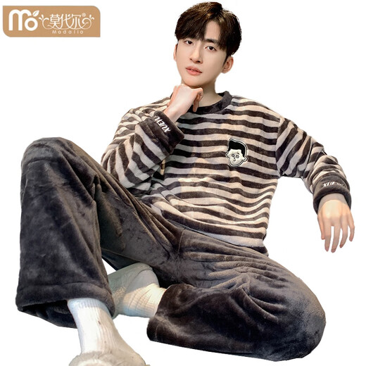 Pajama de terciopelo de coral modal para hombres Autumn and Winter Style más terciopelo engrosado Set cálido Flannel Ropa para el hogar de invierno para hombres K3883- l 100-130Jin [Jin equivale a 0.5 kg]