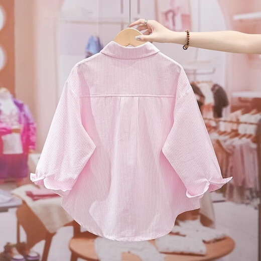Girls pink shirt spring and autumn middle and large children pure cotton long-sleeved shirt children autumn thin coat girl plaid top pink Pocket Bear 120