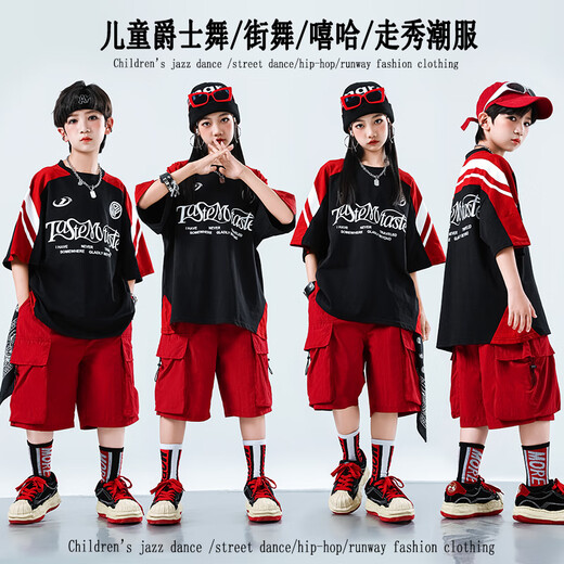 Xinkepaier Children's Street Dance Kostüme für Jungen Hipphop Anzüge Hip Hop Street Modekleidung für Jungen und Mädchen auf der Straßenshow zweiteilige Set = A679 Black Short Sleeves + B383 Rote Shorts 140 Größe Empfohlene Höhe 135 cm