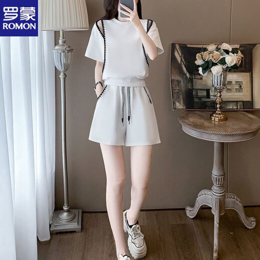 Romon (Romon) modische Sport-Kurzärärmel-Tops für Frauen außerhalb der Schulter für Frauen im Sommer Casual Zweiköpfige modische Fleischabdeckungs Shorts Black [Set] M Empfohlen 80-100 Jin [Jin entspricht 0,5 kg]