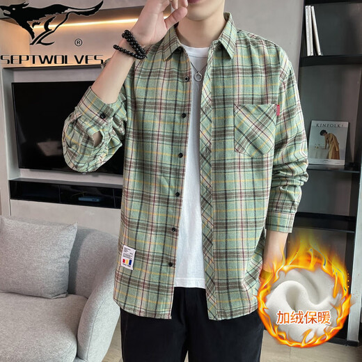 七匹狼格子休闲衬衫男士春秋季长袖衬衣韩式上衣服复古宽松夏季薄款外套 K12109绿色( 加绒 M 90-110斤