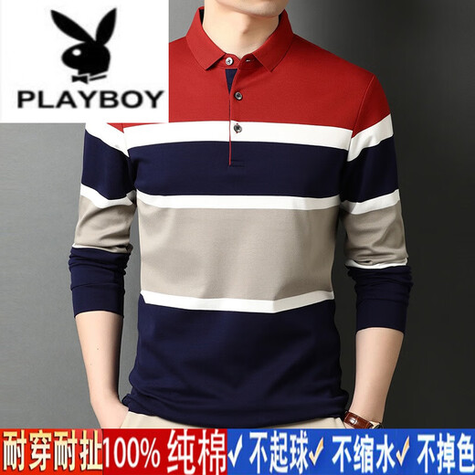 花花公子（PLAYBOY）中青年纯棉长袖T恤男春秋翻领Polo.衫条纹体恤打底衫时尚潮流上衣 蓝色9918MSJ纯棉 175/XL 140斤-155斤