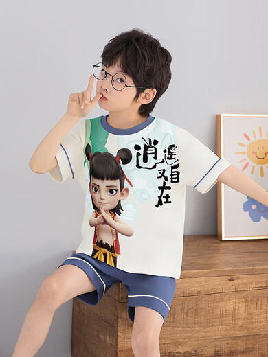 Jungen Pyjamas Sommer Taiyi Real People 2025 Neuer reiner Baumwollkurzärmel-Junge Nezha Thin Big Children süß und lustig N694 Nazha [100% reine Baumwolle] 100 cm/8 Größe [Höhe 85-102 cm]