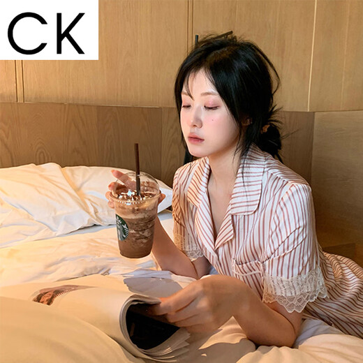 CK蕾丝条纹冰丝睡衣女春夏ins风高颜家居服可外穿 LW-9207【面料】 L 【建议100-115斤】
