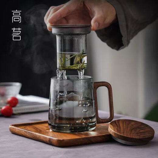 玻璃带盖茶杯个人专用男士茶道杯茶水分离带把办公室红茶水杯 9194泡茶三件杯榉木450ML 200mL(含)-400mL(含)