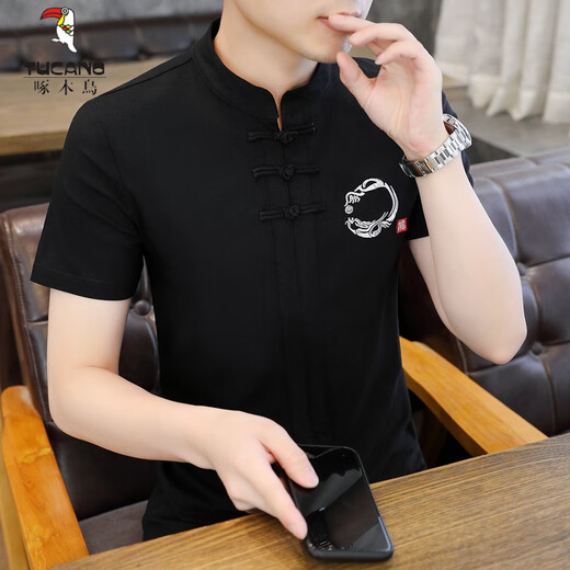 
Woodpecker (TUCANO) ice silk t-shirt for men short-sleeved 2025 new men's Chinese style V-neck half-sleeved summer thin Chinese style t-shirt E9871 black (ice silky smooth) 5XL