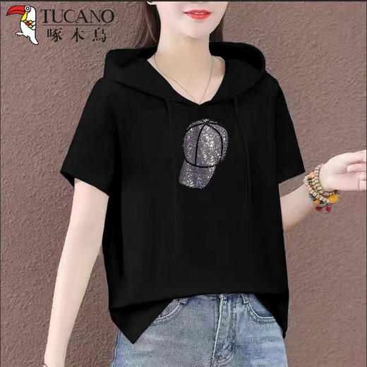 Camiseta con capucha de algodón puro de carpintero para el verano de algodón para mujeres Nuevo diamante de moda de moda de moda de moda de moda de moda con un gran tamaño suelto de tensión delgada, negro delgado-oso inglés delgado M (recomendado para estar dentro de 100 Jin [Jin iguala 0.5 kg])