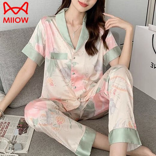 猫人（MiiOW）睡衣女2025春夏季新款感短袖长裤冰丝.绸名媛宽松家居服套装 感轻奢睡衣YFY-9905 M 【建议80-斤】