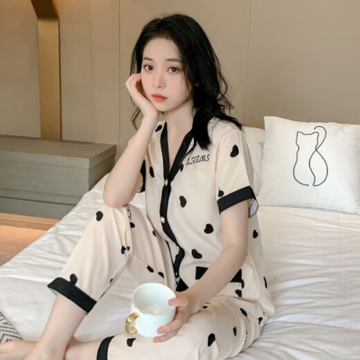 夏天睡衣女短袖长裤薄款开衫空调服宽松大码家居服女士套装可外穿 QDM【Y867-2#】黑色千鸟格 2XL