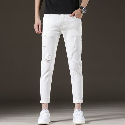 
Heyu ripped nine-point pants men short white jeans men trendy elastic slim feet 9 points 2025 black and gray 1048 nine-point pants QN [high elasticity 27 size = waist circumference 2 feet