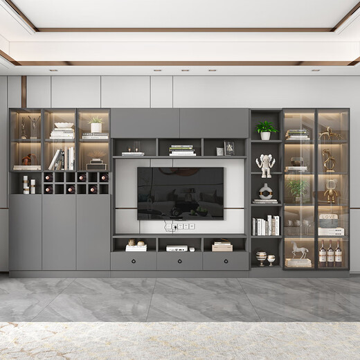 欧派匠郁苑电视柜背景墙柜一体组合实木收纳柜储物柜定制客厅电视机柜 [匠郁苑]款式14380*210*35cm 上门安装