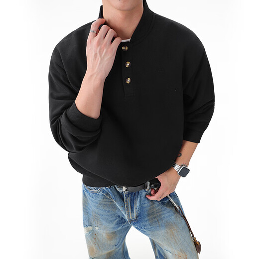 Homlean Heavy Henley Collar Solid Color Sweatshirt Men's Spring Fashion Versatile Loose Casual Bottoming Top HQ00 Black L