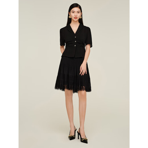 JUZUI commuting texture pleated suit jacket summer style JWDX40514 plain black M