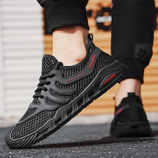 Cahhrrn Sommerschuhe 2025 Neue Watschuhe Schnelltrocknen große Maschenschuhe hohl Sohle Schuhe Atmungsaktives Mesh-Stoff Sport trendige Schuhe Schwarz Y-882 41 (255 mm)