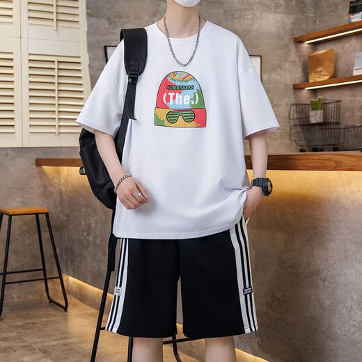 卡度顿青少年男孩短袖t恤夏季初高中学生休闲运动套装潮流帅气大童体恤 7027白色套装 M 建议80-100斤左右