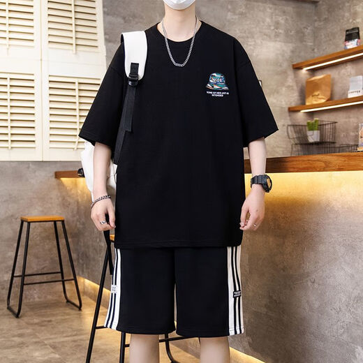 卡度顿青少年男孩短袖t恤夏季初高中学生休闲运动套装潮流帅气大童体恤 7027白色套装 M 建议80-100斤左右