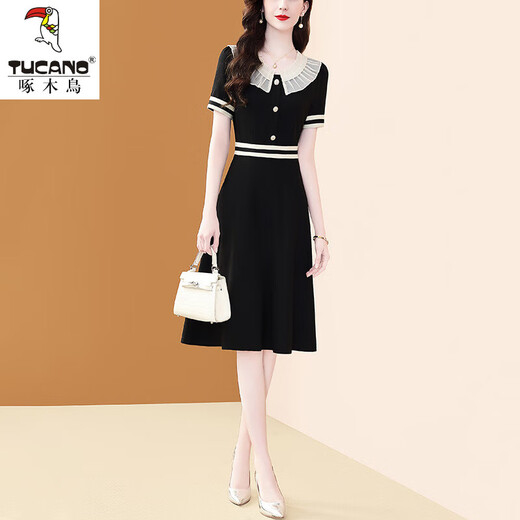 Specht Little Duftstil Puppenkragenkleid für Frauen 2025 Sommer Neue Temperament Schwarze Kurzarm Taille Slim A-Line Rock Black S Vorgeschlagene 80-95