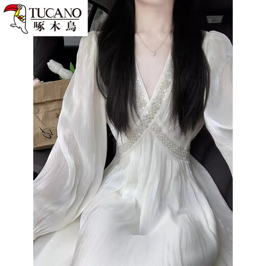 啄木鸟茶歇法式绝美白色雪纺长袖洋装仙女秋季感海边度假沙滩长裙 洋装【公主裙/薄荷曼波风/温柔风 XL