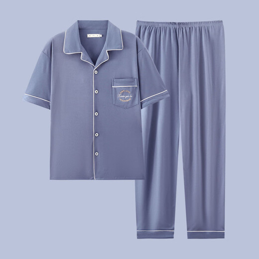 
Heyu men's pajamas men's short-sleeved summer thin cotton teenage pajamas men's plus size spring and summer home clothing set G3881 blue (short-sleeved) 175 L [recommended 100-120 Jin [Jin equals 0.5 kg]]