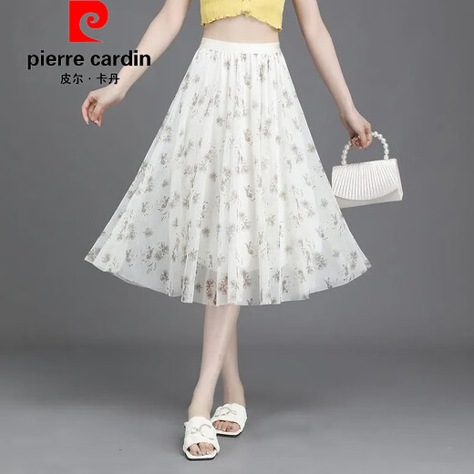 Pierre cardin official brand high-end 2025 summer new floral skirt for women small fresh short skirt large mesh print a letter new fabric chiffon (9906-3) one size (elastic waist)