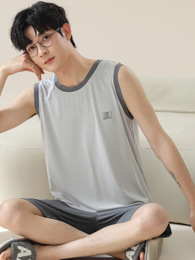独孤伽罗大码背心冰丝睡衣男可外穿夏季短裤莫代尔新款休闲家居服两件套 D12027 L 均码