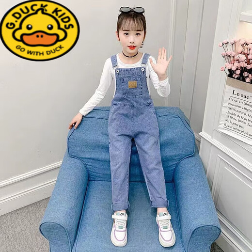G.DUCKKIDS女童背带裤儿童春秋款牛仔裤女孩长裤韩版大童裤子外穿宝宝吊带裤 蓝色大兜背带裤(单裤) 150码建议身高1.4米左右穿