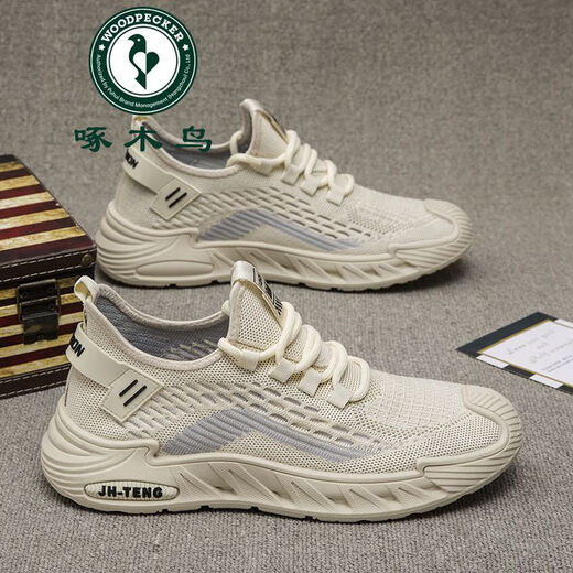 Woodpecker grande taille Chaussures pour hommes Spring Nouveau Mesh Sneakers respirants à la mode et polyvalente Sofle Fashion Fashion Casual Running Shoes 9225 Beige 43