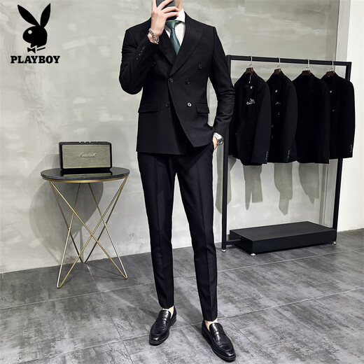 Playboy (PLAYBOY) Men's Double-breasted Suit Suit 2025 Autumn New Fashion Slim High-Grade Slim Suit Business Casual Black Two-piece Suit XL (125-140Jin Jin equals 0.5kg)