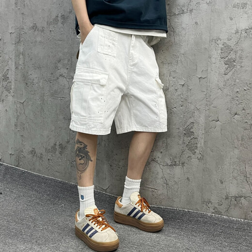 斯睿霖尹小鸡 重磅水洗宽松工装大口袋白色竹节牛仔短裤五分裤男女1049 白色 M 【90-110】