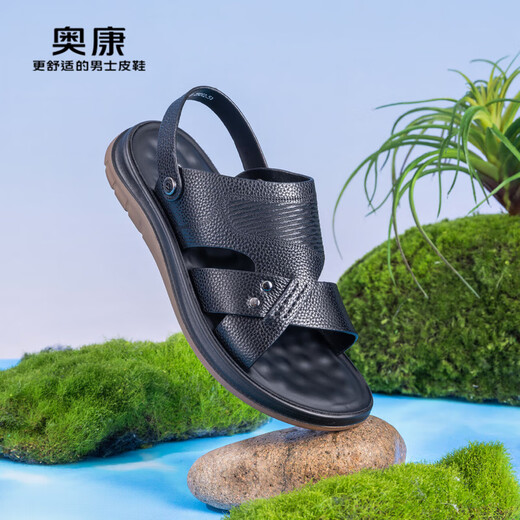 奥康（Aokang）官方男鞋 2024夏季新款时尚休闲凉鞋男真皮软底舒适透气沙滩鞋 黑色1243721145 39