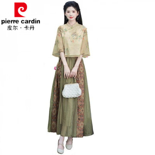 
Pier Cardin summer new Chinese style oriental classical Chinese style jacquard slanted lace temperament stand collar button top spliced ​​skirt suit 1043 green + 12161 brown S