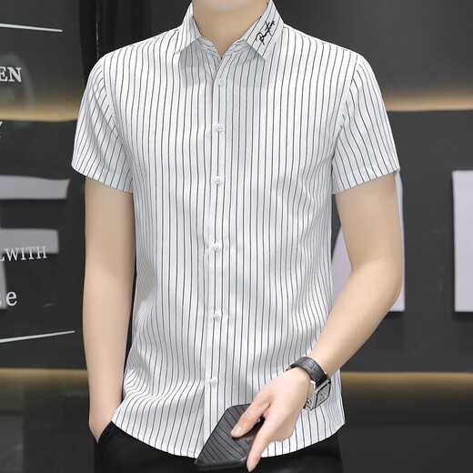 Hualin Fashion Summer Striped kurzärmeliges Hemd Koreaner lässig und vielseitig gutaussehend halbärmelig Hemd Unterwäsche 844 Khaki L 105-120jin [Jin gleich 0,5 kg] Trage