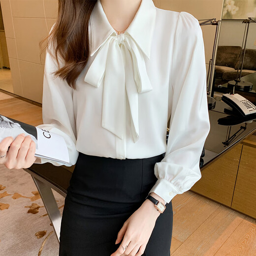Bo Naling shirt white long sleeve chiffon bow women's professional wear formal white inner top interview suit shirt white bow shirt long sleeve M size