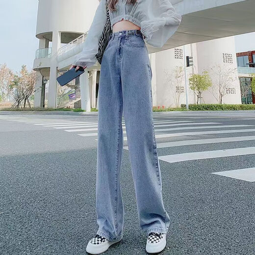 【腰围可调节】美式高腰阔腿牛仔裤女2025夏季宽松直筒休闲长裤子 863浅蓝色 常规 XL 【118-130斤】