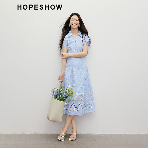 红袖蓝色条纹连衣裙2025夏季新款女装衬衫领收腰显瘦花卉镂空刺绣长裙 白底蓝条701 S