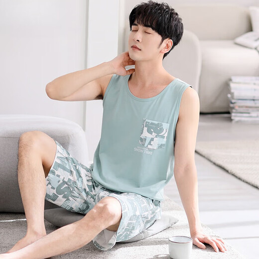 Aimu Meigui Pyjamas Herren Sommer Dünner ärmellose Shorts Heimkleidung für das einfache lässige Outfit für Männer M1048 Hellgrün M [Vorgeschlagen 100-120jin [Jin ist 0,5 kg]]