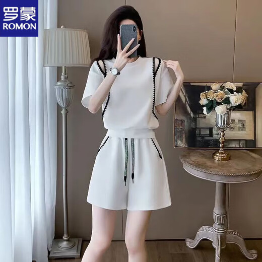 Romon (Romon) modische Sport-Kurzärärmel-Tops für Frauen außerhalb der Schulter für Frauen im Sommer Casual Zweiköpfige modische Fleischabdeckungs Shorts Black [Set] M Empfohlen 80-100 Jin [Jin entspricht 0,5 kg]